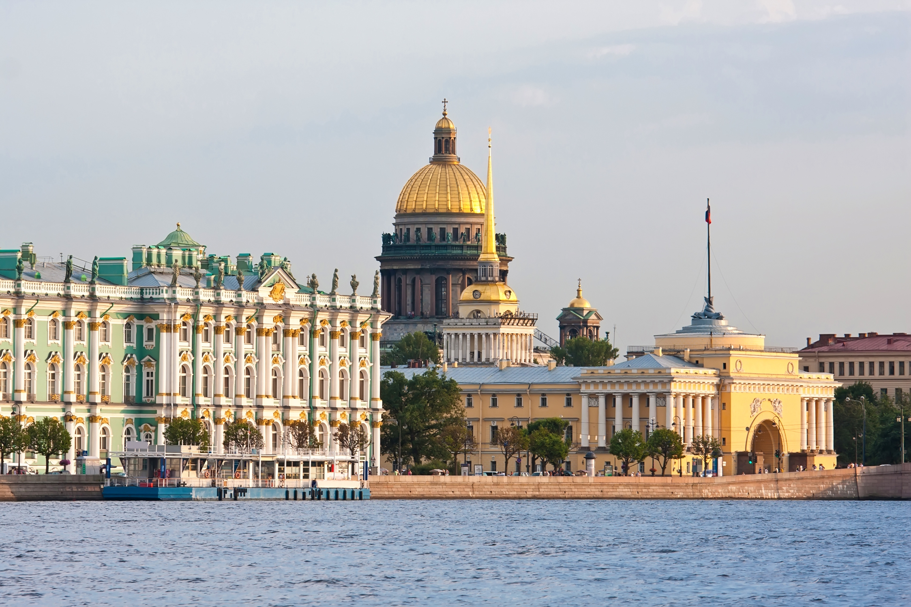 Winter Palace and Hermitage Museum, St. Isaac's Cathedral, and Admiralty building along Neva River