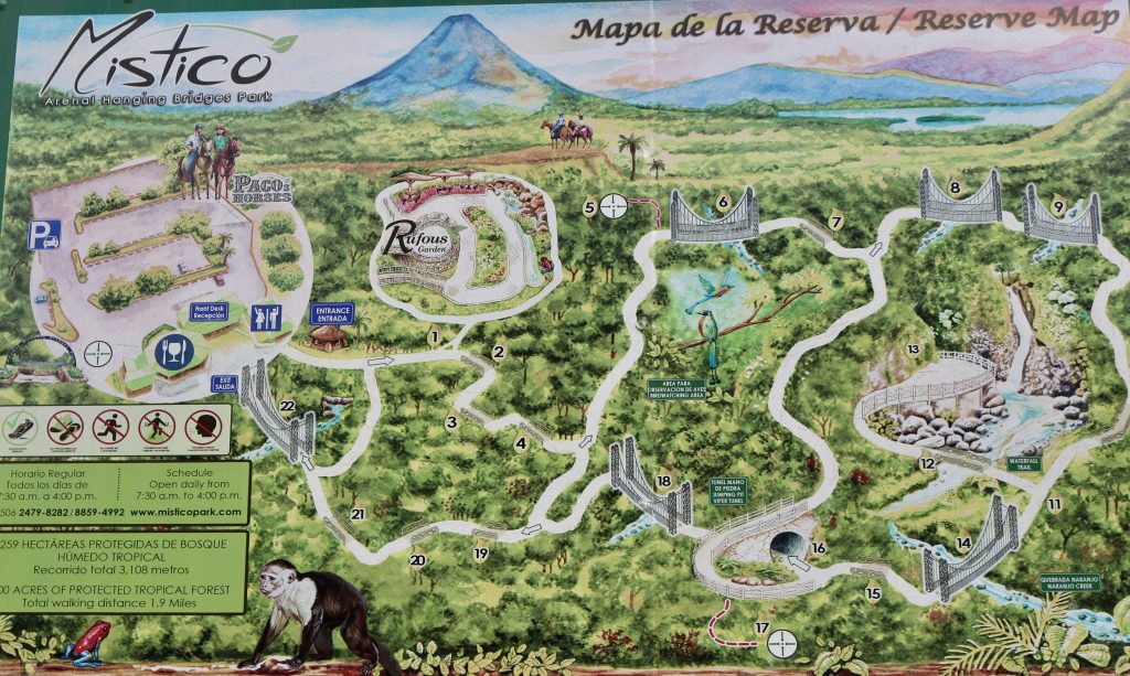 Mapa do Místico Arenal Parque das Pontes Suspensas, Costa Rica