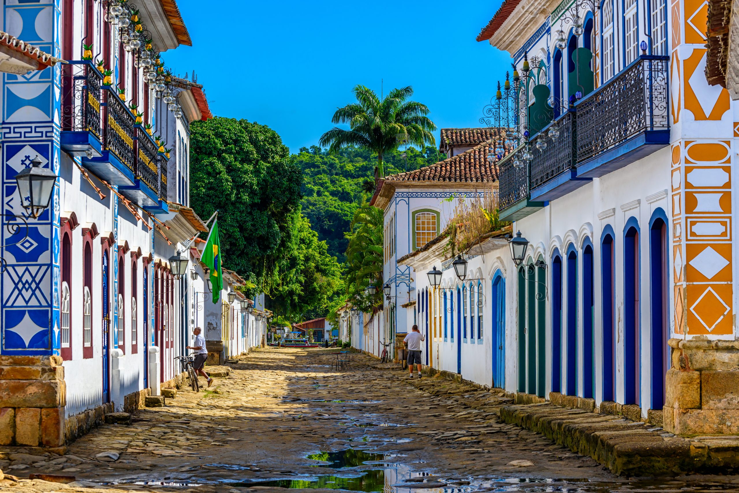 Street of historical center in Paraty, Rio de Janeiro, Brazil. Paraty is a preserved Portuguese