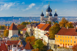 Toompea hill with tower Pikk Hermann and Russian Orthodox Alexander Nevsky Cathedral, view from the tower of St. Olaf church, Tallinn, Estonia